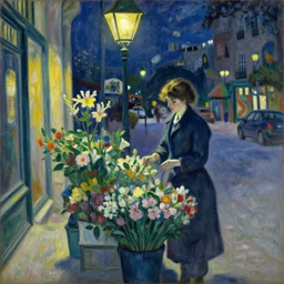 woman selling flowers in the streeet of the city, under a lamp, at night. painting by degas, monet, henri de toulouse - lautrec, agnes pelton, hopper