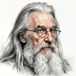 face portrait of a very old wizard with long silver hair and beard and light blue eyes, small half - moon glasses and a long crooked nose, highly detailed, sketch