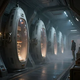 epic professional digital art of interior scene of dim spaceship room of upright fogged stasis pods lining wall, by angel alonso, daniel conway, cinematic, detailed, intricate, grand, artstation, cgsociety, epic, stunning, gorgeous, wow wow detail