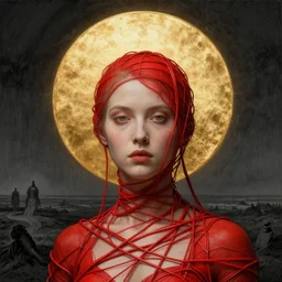Woman masterpiece, red, golden halo behind her head, red wires wrap around, by Edgar Maxence and Ross Tran, Zdzisław Beksiński, and Michael Whelan, distant, gustav dore, H.R. Giger, 8k, octane render