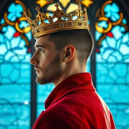 side - view portrait of a man wearing a golden crown, short buzzcut, stubble, he wears a red coat, gothic stained glass window, blue ocean background, very masterful, royal, backlit