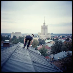 lomo photo of roofjumpers climbing on roof of soviet heushevka, small town, cinestill, bokeh