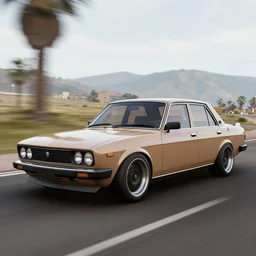 retromod sedan in forza horizon, beamng, grand theft auto, need for speed. art by filip hodas and artgerm. indoor, rhads. 3 d render, surrealism, hyperrealism.