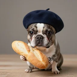 french mouse wearing beret and holding bread, photography