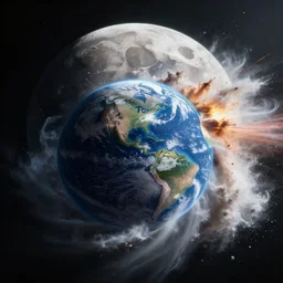 the Moon and the Earth in mid collision, viewed from space, epic scene, shockwave blast, cinematic lighting, cinematic composition, 4k