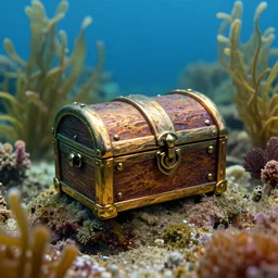 amazing high quality image depicted treasure chest deep under water in an atlantic ocean, 8 mm, great composition, rich environment, spirited water plants