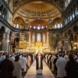 divine liturgy being held inside the hagia sophia church, highly detailed, digital painting, concept art, sharp focus, by makoto shinkai