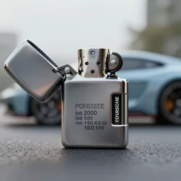 futuristic!! zippo lighter ( design by porsche!!!!! ), xf iq 4, 1 5 0 mp, 5 0 mm, f / 1. 4, iso 2 0 0, 1 / 1 6 0 s, natural light, octane render, macro shot, symmetrical balance, polarizing filter, sense of depth, ai enhanced