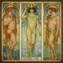a beautiful art deco painting of the pantheon of gay cowboy!! gods, homoerotic, art deco, art nouveau, tarot card, symmetrical, trending on artstation