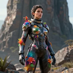 octane render portrait by wayne barlow and carlo crivelli and glenn fabry, focus on a woman in a skintight shiny black spacesuit with intricate iridescent metal detailing, covered in bright colorful tropical alien flora in front of a giant photorealistic rocky cliff, cinema 4 d, ray traced lighting, very short depth of field, bokeh