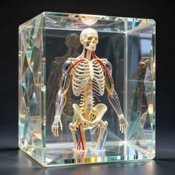 human nervous system with spinal skeleton surrounded with geometric luminous polished glass cube, carbo, oxyd and glass materials, anatomical sculpture