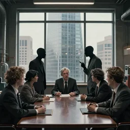 cinematic view of orwellian shadow figures arguing at a boardroom table in front of a skyscraper window by cedric peyravernay, depth of field, sharp focus, industrial art style, intricate, high detail, digital painting, ultra realistic, cinematic lighting, artstation, 3 5 mm film grain
