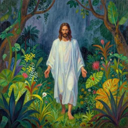 a becoming and phenomenal jesus in the rain from clockwork orange in a lush garden full of diverse plants, by mab graves and giuseppe arcimboldo. luminism. hypermaximalist. gouache. trending on artstation.