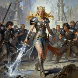 A mixed media painting of the beautiful blonde viking goddess of war with a sword of lightning walking into battle, very aesthetic, detailed face, by Frank Frazetta, Greg Rutkowski, Boris Vallejo, Beeple, Yoko Taro, Christian MacNevin, epic fantasy character art, goddess of anger, viking runes, elven, high fantasy, CGsociety, full length, exquisite detail, post-processing, low angle, masterpiece, cinematic, odin's stone arena background