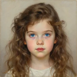 portrait of a 3 5 years girl with long curly brown hair and blue eyes, beautiful painting by artgerm and greg rutkowski