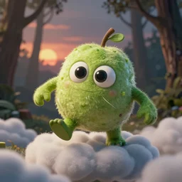 cute small fruit vegetable monster, dynamic pose, in clouds, sunset, in a forest, big eyes, portrait by greg hildebrandt, studio lighting, muted colors, by terry richardson, by frank frazetta, extreme detail, reflections, trending on artstation, 8 k