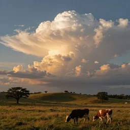 photorealistic sunlit cumulonimbus clouds approach over a grassy, hilly expanse sparse with trees at sunset, dairy cattle are near in the foreground, very detailed