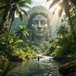 Gigantic statue of woman's face in the jungle and tiny human adventurer. Palm trees around and the river flowing near from the mountain. Shadows, water reflections. Sun rays, god rays, lens flares. Cinematic, ArtStation, realistic photograph, ambient, shades of green, Unreal Engine 5, rendered by Octane.