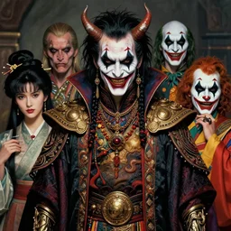 photorealistic portrait of evil looking jonathan banks wearing intricate shao khan costume, bizarre voodoo makeup, clown makeup, by amano, karol bak, greg rutkowski, and akira toriyama, tonalism, hyperrealistic, artgerm, concept art, masterpiece.