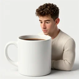 portrait of a ( ( ( white oversized ceramic mug of coffee ) ) ), dotado handsome nick jonas looking into the mug, 3 d photorealistic, concept character, parts by beksinski, parts by goro fujita, parts by yue minjun, by filip hodas