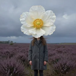 portrait, giant flower under head, a girl wearing a coat in heather field, surreal photography, wind and cold, dramatic sky, impressionist painting, digital painting, artstation, simon stalenhag