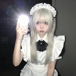 A photograph of a pale emo girl wearing a maid dress, camera flash, high-contrast