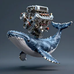 digital art of hybrid with head!!!!! as v 8 engine!!!!! and body as cachalot!!!!! whale, head!!!! as v 8 engine!!!!, head!!!! as v 8 engine!!!!, full - body, wide angle, cyberpunk style