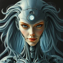 perfectly centered portrait, front view of a biomechanical android alien robot moon goddess, female, flowing hair, intense stare, sweet smile, symmetrical, concept art, intricate detail, volumetric shadows and lighting, realistic oil painting by tim hildebrandt and greg rutkowski,