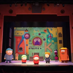 photo of a huge theaterstage, play is south park, 3 actors on stage, 8 k, multicolored, exaggerated detailed, long shot