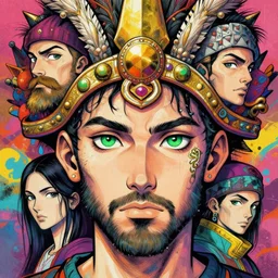 beautiful anime of bold headdress with short beard and green eyes, no hairs, by sherree valentine daines, peter mohrbacher, alice neel, donato giancola, mike winkelmann, laurie greasley. trending on artstation, 8 k, masterpiece, graffiti, fine detail, full of color, intricate detail, golden ratio illustration, face detail