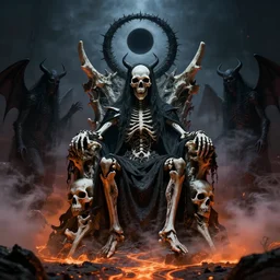 death metal god sitting on a throne of bones, black hole halo, demon ghosts around, lava mist, surreal, haunted, in the photographic style of don mccullin