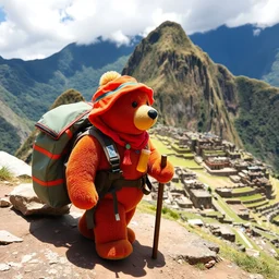 a gummy bear sherpa guiding gummy bear explorers to machu picchu