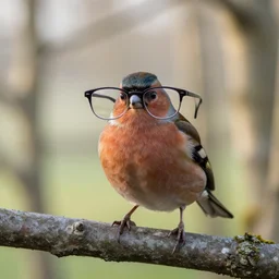 photo of a chaffinch wearing glasses, trees, national geographic, morning, daylight