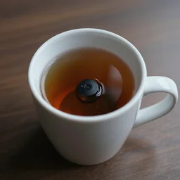 tea in a mug with a small controller inside, realistic, 4k,view melancholy