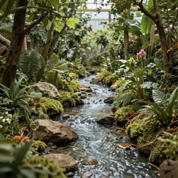 a nature diorama with a stream running through it