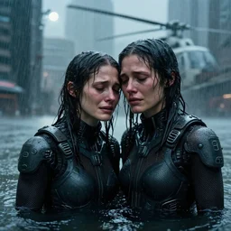 cinestill 5 0 d candid photographic portrait by steve mccurry of two loving female androids sobbing wearing rugged black mesh techwear in treacherous waters, flooded city, medium closeup, retrofuturism cyberpunk moody emotional cinematic, pouring iridescent rain bright spotlight helicopter, 8 k, hd, high resolution, 3 5 mm, f / 3 2, ultra realistic faces, ex machina