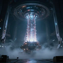 hall of a spaceship with a glowing reactor in the center and wires that lead to it, very deep, mist at the bottom, wide angle, artstation, futuristic, artstation, chris foss, raphael lacoste, andreas rocha, john harris