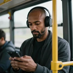 portrait of a bald 👨🏾‍🦲 with a goatee, wearing headphones and scrolling social media on the bus