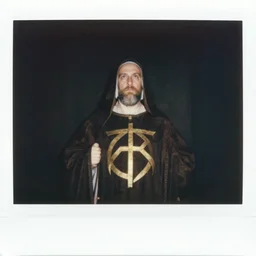dark old polaroid of an medieval religious leader, with a weird religious symbol, wide angle
