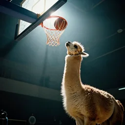 film still of a llama dunking a basketball, low angle, extreme long shot, indoors, dramatic backlighting