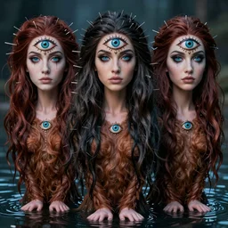 three eyed goddess, third eye in middle of forehead, long necks, wide shot, hairy bodies, feet in water, beautiful colors, eye in forehead, pins, beautiful lighting, very detailed, eyes reflecting into eyes reflecting into infinity