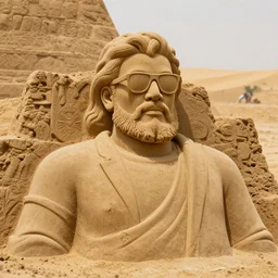 a 4 k photorealistic photo medium shot of a sand statue of a man with a beard wearing sunglasses