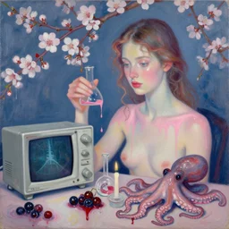 pink drips, portrait of a female art student, scientific glassware, oscilloscope, x - ray, sensual, sweet almost oil, almond blossom, squashed berries dripping, octopus, candlelight, neo - impressionist, surrealism, acrylic and spray paint and oilstick on canvas