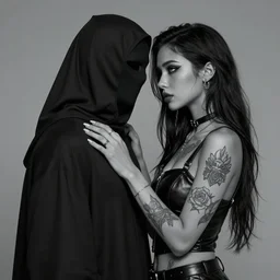 Hot young woman, grey skin, tattoos, wearing leather and **platonically cuddling** a humanoid in a shroud and mask concept art