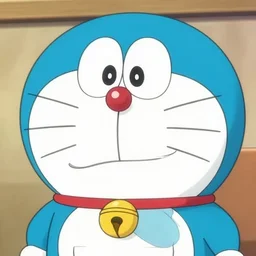 obese anime robotic blue cat with red nose and big eyes, cute