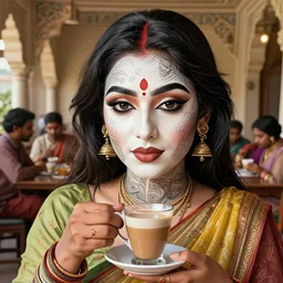 people having chai, relaxing, absurdly beautiful, elegant, realistic ultrafine hyperrealistic detailed face painting by amrita sher - gil, intricate linework, sharp focus, bright colors, matte, unreal engine highly rendered, global illumination, radiant light, intricate environment