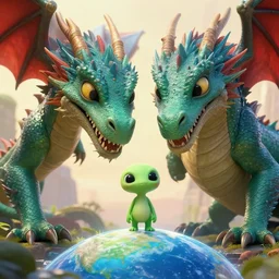 an adorable and small alien lands on earth to meet a giant dragon, sweet eyes, concept art, octane render, unreal engine, highly detailed, 4 k, comic book art, cinematic