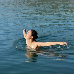 stunning photo of a graceful girl swimming in a lake