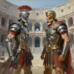 stunning painting of two cybertronic roman gladiators facing each other in a cyberpunk colosseum, sci - fi, by aivazovsky and noriyoshi ohrai