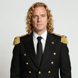 Saul Goodman in an elegant black suit with gilded accents, long curly blond hair and imperial nobility